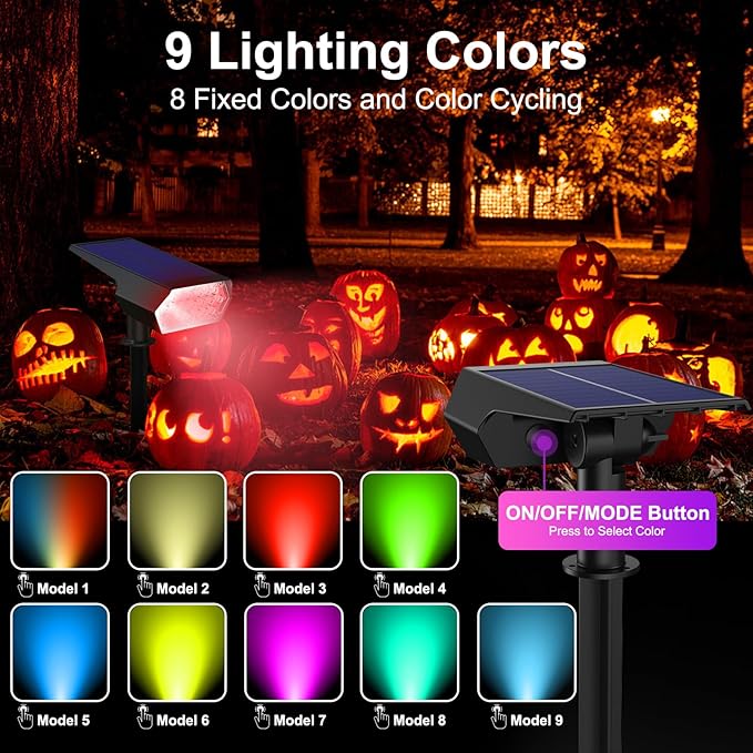 Upgraded Solar Spot Lights Outdoor, Waterproof IP65 RGB Color Changing Solar Outdoor Lights, Multicolor Solar Landscape Spotlights with Memory Function for Holiday Decorations, Yard, Garden, Pathway