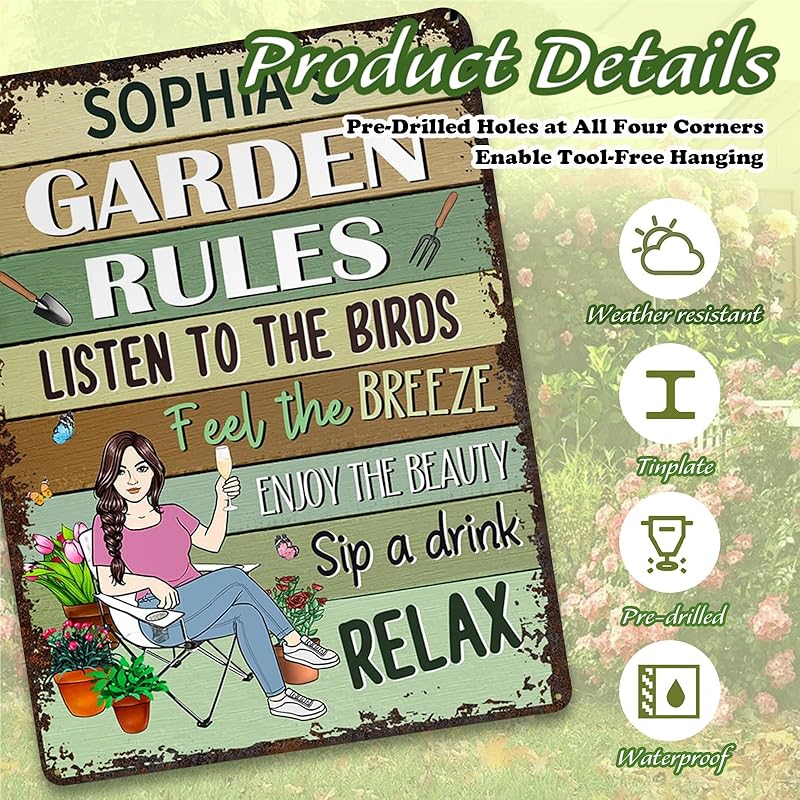 Personalized Retro Garden Metal Sign, Custom Cartoon Character and Name, Funny Garden Decor, Gift for Family, Friends, Women Gardeners, Gardening Lovers, Yard Outdoor Artwork Prints