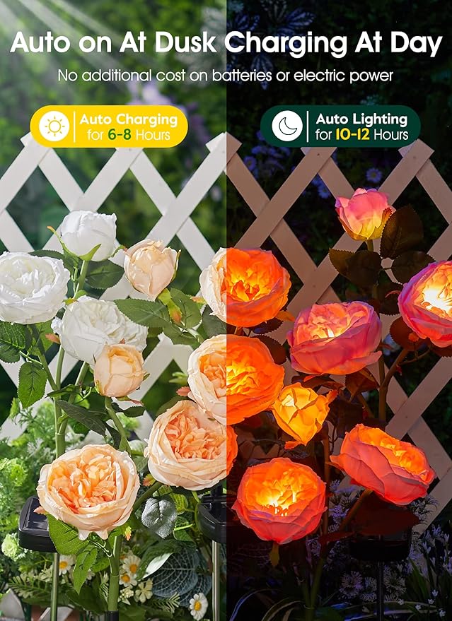 Brightown Solar Garden Lights - 4 Pack Solar Flowers Lights with Larger & More Realistic Austin Rose, Bigger Solar Panel, Solar Lights for Outside Waterproof for Yard Patio Garden Decoration
