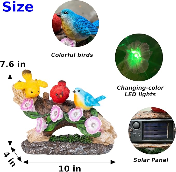 Malister Bird Figurines with Color Changing Solar Light Garden Decor, Outdoor Decor Garden Statues, Gnome Decor Garden Art Outdoor Statues Patio Decor Lawn Yard Art, Statue Gifts