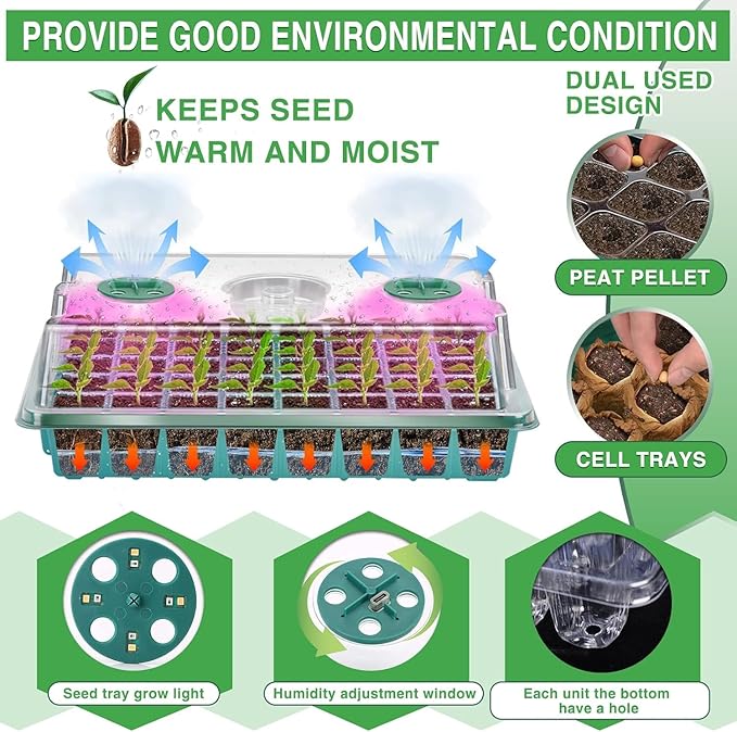 YAUNGEL Seed Starter Tray with Grow Light, Seed Starter Kit with Timing Controller Adjustable Brightness,80 Cells Seed Starter Tray for Indoor Planting with Humidity Domes Heightened Lids 2 Pack