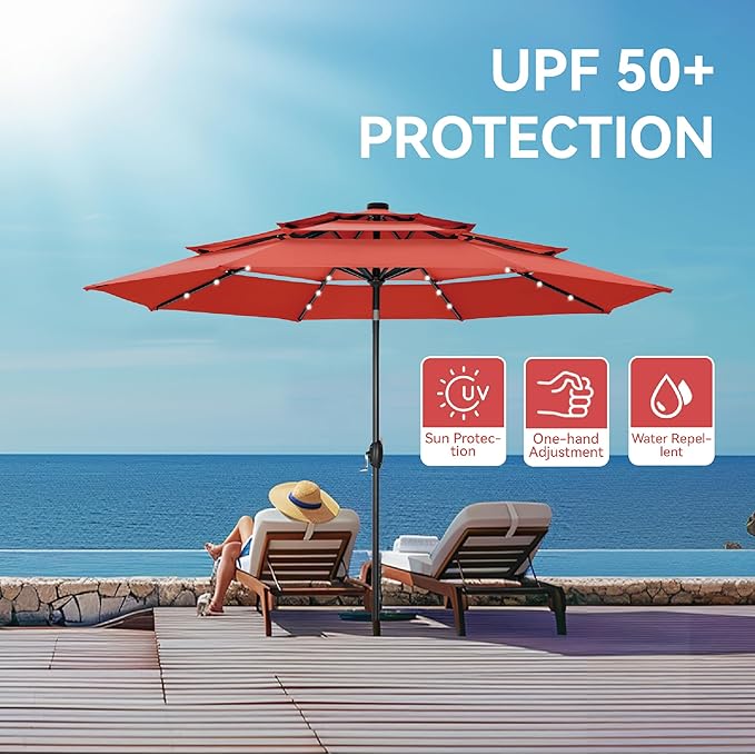 GREEN PARTY 10ft Outdoor Patio Umbrella, Auto-Tilt Market Table Umbrellas with Crank, 8 Sturdy Ribs & 1.5" Pole UV Protection for Garden Deck Backyard Pool