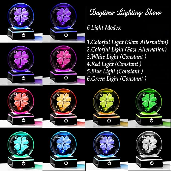 Qianwei 3D Four Leaf Clover 80mm Crystal Ball Good Luck Gifts Ideas with Multicolor Lighting Base - Irish Gifts for Women Decor 4 Leaf Clover