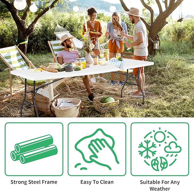8FT Folding Table, Heavy Duty Foldable Table with Handle, Portable Fold-in-Half Utility Tables for Indoor & Outdoor Use Perfect for Camping BBQ Party Wedding Market Events, White