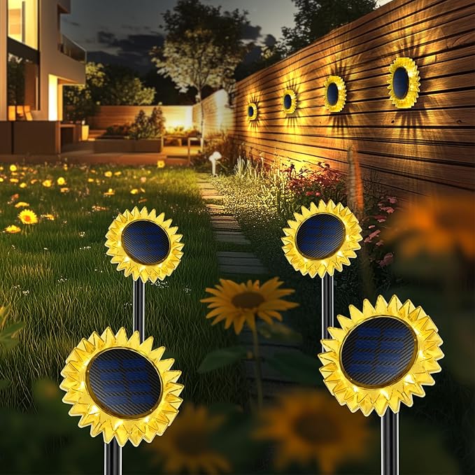Hogni 4PK Solar Garden Lights, Ground Stake/Hang 2 in 1 Solar Sunflowers Outdoor Waterproof IP67, Outdoor Decor for Pathway Walkway Landscape Backyard Fence Decoration