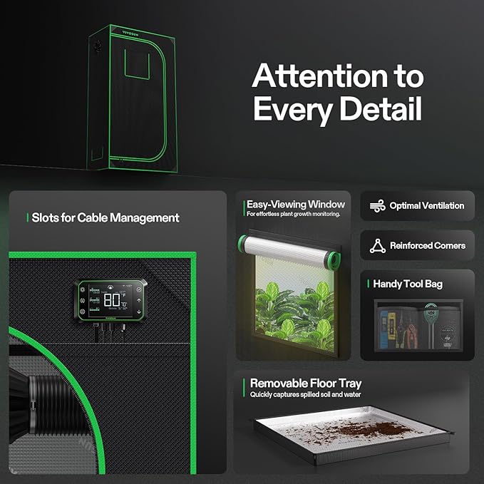 VIVOSUN S326 36"x20"x63" Grow Tent, High Reflective Mylar with Observation Window and Floor Tray for Hydroponics Indoor Plant for VS1000/VS2000