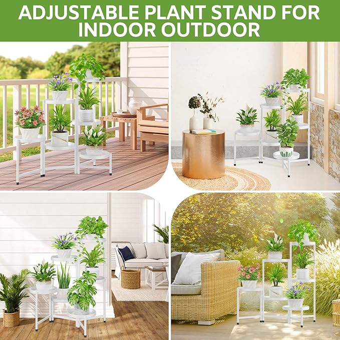 iDavosic.ly 6 Tier Large Plant Stand Indoor with 10 Inch Wide Tray, Tiered Corner Metal Outdoor Flower Display Holder Shelf, Folding Tall Rack for Patio Porch Living Room, White