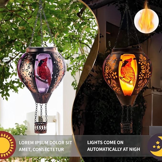 pearlstar Hot Air Balloon Solar Lantern with Flickering Flame Light Outdoor Solar Hanging Lights Waterproof for Garden Yard Farmhouse Patio Pathway Christmas Decoration,Glass&Metel(Cardinal)
