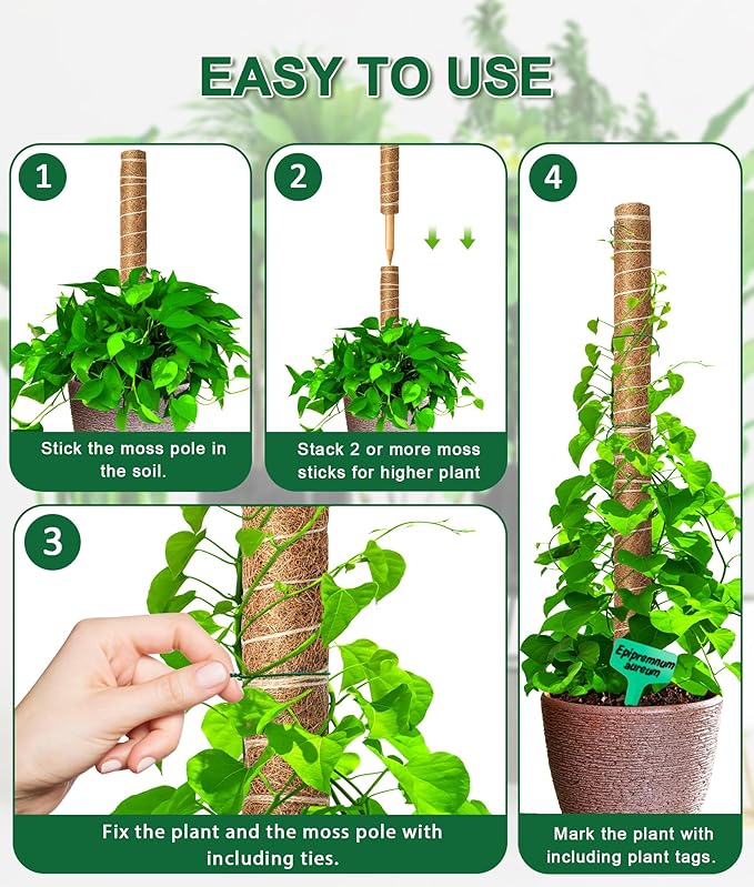 EAONE Moss Pole 168 Inch, 8 Pack 21" Monstera Plant Support for Climbing Potted Live Plants Indoor, Stackable Coco Coir Moss Sticks Monstera Stakes for Pothos Philodendron, with Garden Labels & Ties