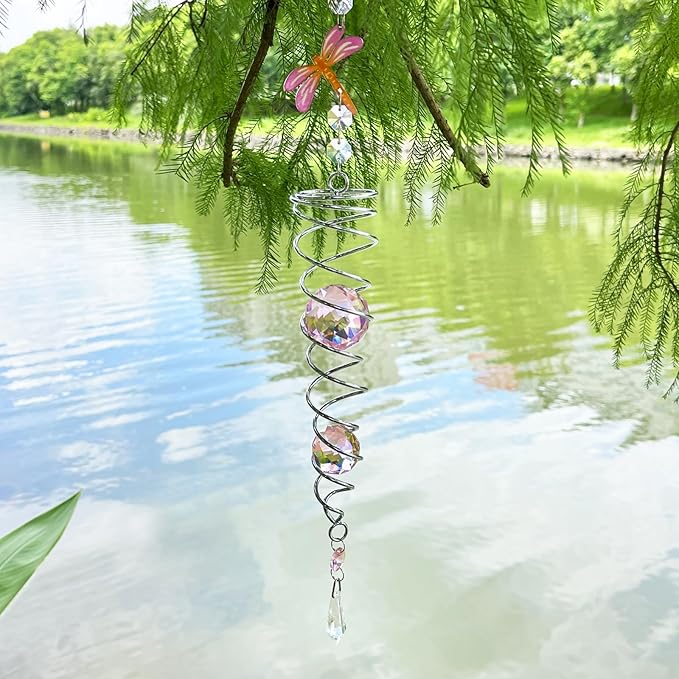 FONMY Dragonfly Gazing Ball Spiral Wind Spinner Sun Catcher Rainbow Maker Silver Spiral W/Pink K9 Crystal Ball Tree Hanging Ornament Indoor Outdoor Garden Decor. 19.5inch H
