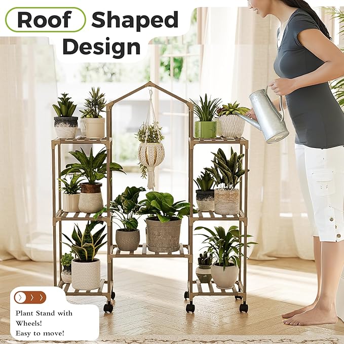 Bamworld Plant Stand with Wheels Indoor Hanging Plant Shelf Outdoor Large Plant Rack for Multiple Plants Boho Home Decor Plant Gift for Mom Women