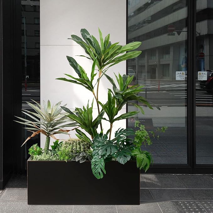 Metallic Heavy Long and Large Outdoor/Indoor Planter, Rectangular Trough Planter Box, 38”Lx15”Wx15”H, 40Pounds, Black with Hand Brushed Gold Edge, No Assemble and Seamless