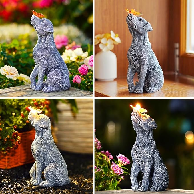 Solar Garden Statue Dog Figurine – Outdoor Decoration with Butterfly for Garden Yard Lawn Home Decor Outside : Unique Gifts for Mom Grandma