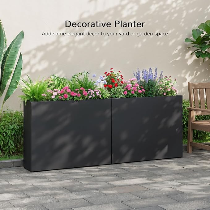 Stoog 38" Metal Tall Rectangular Planters Set of 2 - All-Weather Planter Box for Indoor/Outdoor Use, with Removable Insert Shelf, for Plants, Flowers, Garden, Black