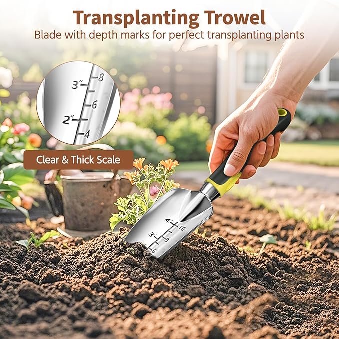 LASZOLA 3 Piece Garden Tool Set Include Hand Trowel Rake and Transplant Shovel for Women, Indoor Heavy Duty Small Spade Kit with Ergonomic Handle to Weed and Loosen, for Mom and Plant Beginner, Yellow