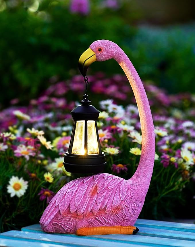 Garden Flamingo Statue with Solar Lantern - Outdoor Statue Yard Art for Patio Lawn Balcony, Unique Flamingo Gifts for Mom Women Grandma