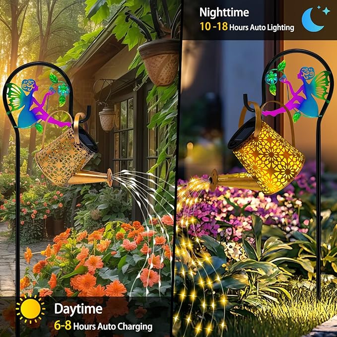 Solar Lights Garden Decorative, Solar Watering Can with Cascading Lights, Waterproof Metal Lantern with Fairy Shepherd Hook, Outdoor Decor for Yard, Patio, Lawn, and Pathway, Gardening Gifts for Mom