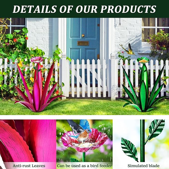Upgraded Large Metal Yard Art, Metal Agave Plant Yard Decorations Outdoor Sculpture, Metal Flowers for Outside, Waterproof Outdoor Garden Decor (Yellow + Bird Feeder)