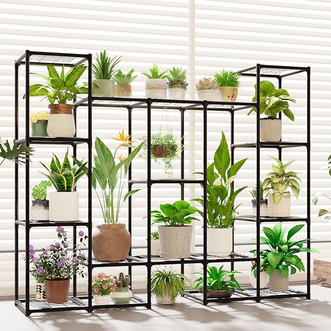 Large Plant Stand Indoor Outdoor Metal Plant Shelf Waterproof Plant Rack for Multiple Plants Wide Flower Stand for Patio Balcony Garden Black