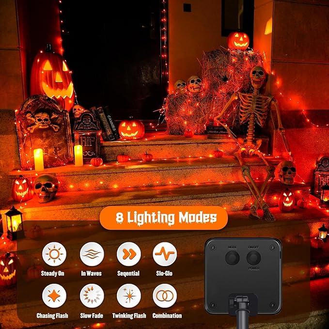JMEXSUSS 2 Pack Orange Solar Halloween Lights, 66ft 200 LED Solar Fairy Lights Outdoor, Waterproof Solar String Lights for Tree Patio Garden Halloween Thanksgiving Decorations