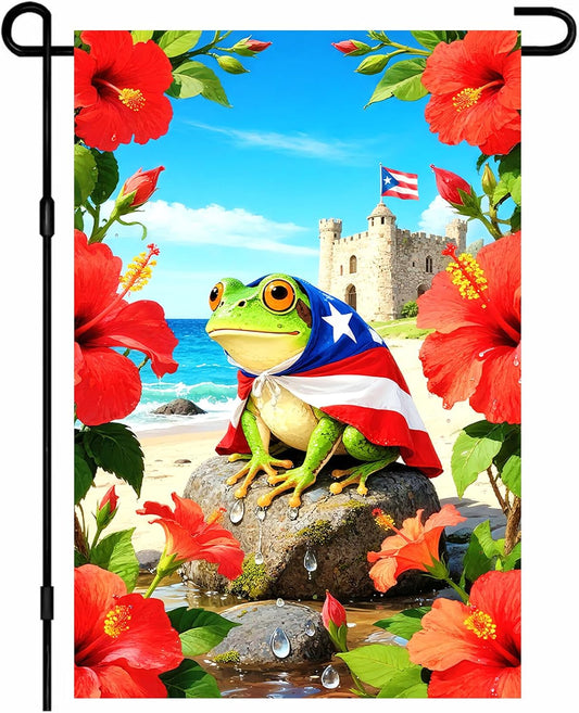 IVN Seasonal Garden Flag 12x18 Inch Frog with Puerto Rican Flag Flag Double Sided Outdoor Yard Banner for Porch Lawn Patio Decor