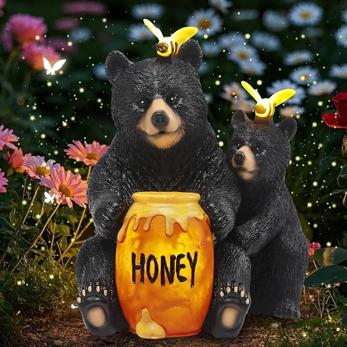 Solar Garden Decor Statues 7" Resin Mother&Cub Bear Figurines with Honey Jar Waterproof Black Bear Decor for Outside Yard Patio Porch Decoration Gift for Mom Grandma