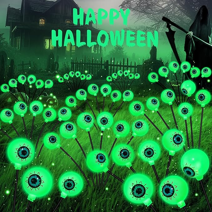 Solar Halloween Decorations, 4 Pack 24 LED Spooky Eyeball Lights, Green Eyeball Swaying Firefly Lights,Waterproof Solar Halloween Path Lights for Yard Garden Lawn Party Decor