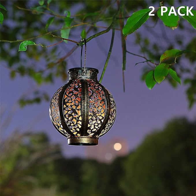 MAGGIFT 2 Pack Hanging Solar Lights,Outdoor Ramadan Solar Lanterns Decorations,Waterproof Hanging Solar Light 6 Lumens,Brown