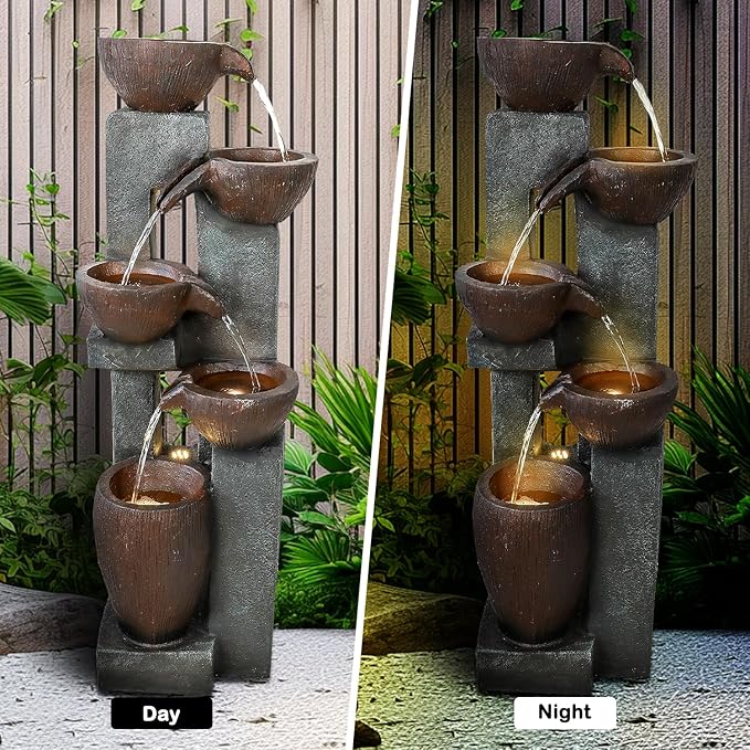 Naturefalls 39” H Modern Outdoor Fountain - 5 Crocks Outdoor Garden Fountains with Contemporary Design&LED Light for Garden, Patio, Deck, Porch, Backyard and Home Art Decor