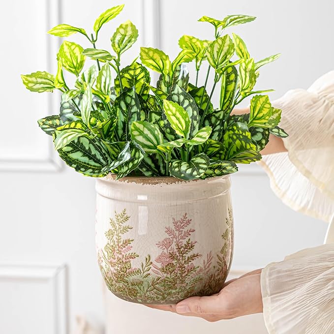 Vintage Pink and Green Ceramic Planter Set of 2, 4.7+5.7 Inch Rustic Flower Pots for Indoor Plants, Decorative Ceramic Plant Pots for Home, Living Room, Garden, Gardening Gift