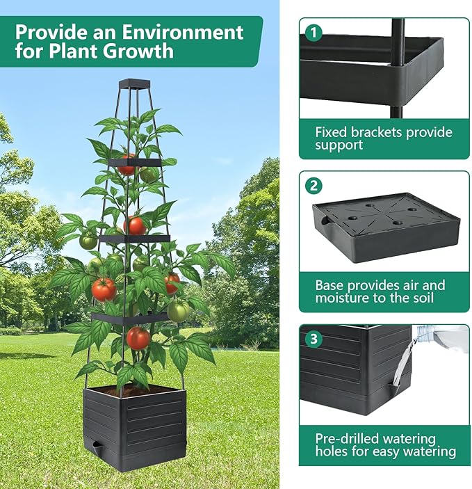 Raised Garden Bed Planter Box with Trellis, 58”Tomato Planter with Trellis for Climbing Plants Vegetables Vine Flowers, Self-Watering Tomato Cage for Garden Patio Outdoor & Indoor