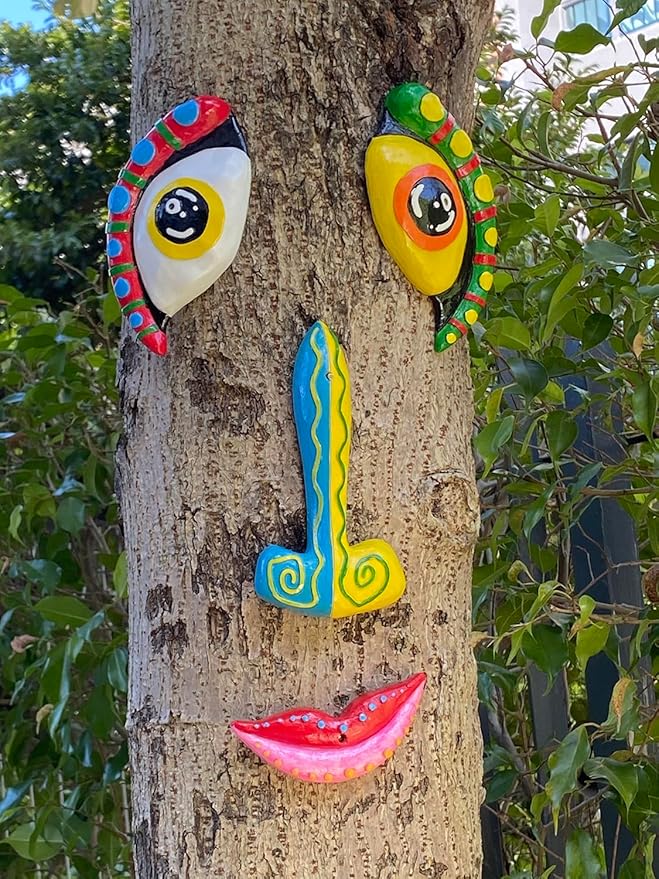 Tree Faces Decor Outdoor, Cute Tree Decorations Outdoor Faces Colorful Funny Outdoor Tree Faces Decor Creative Faces for Trees Garden Yard Tree Art Unique Tree Face