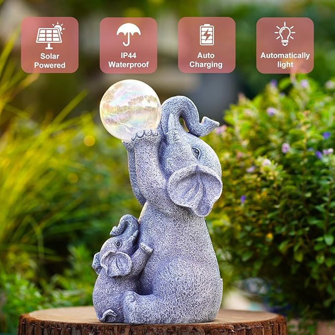 Solar Elephants Outdoor Garden Statues: Outside Decor with Lights Clearance for Yard Art Lawn Ornaments Porch Patio Balcony Home House - Birthday Gifts for Grandma Mom Women