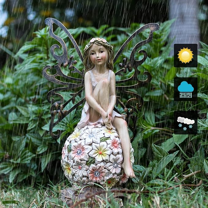 Flower Fairy Garden Decor,Garden Fairy Statues Outdoor,Solar Powered Outdoor Fairy Figurine Accessories,Patio Lawn Yard Porch, Resin Ornaments for Outside Gifts,9.45 Inches Tall