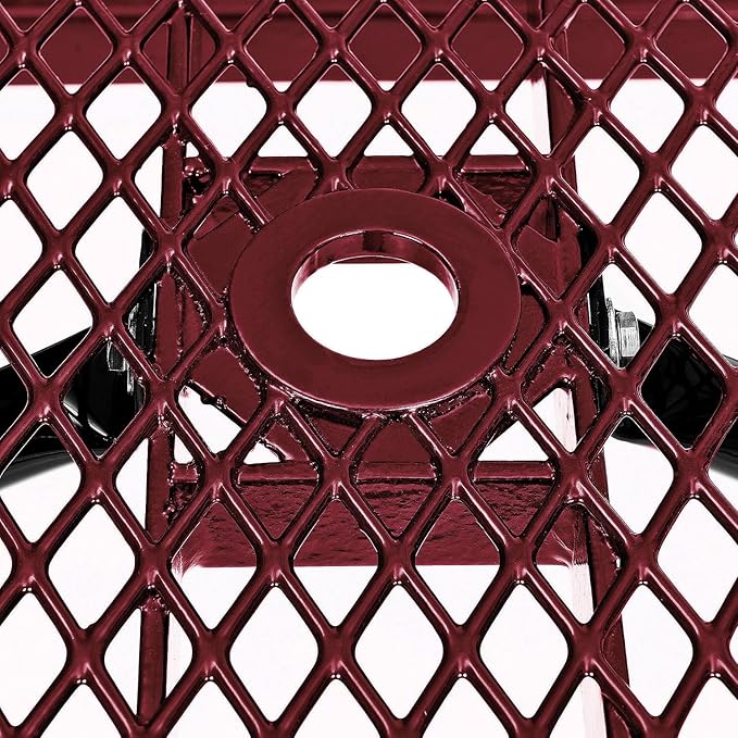 Global Industrial 8’L Rectangular Picnic Table, Expanded Metal, Red Thermoplastic Coating, Attached Benches, 1-1/2” Umbrella Pole Hole, Outdoor-Rated, 1000 lb Capacity, 96” x 30” Tabletop