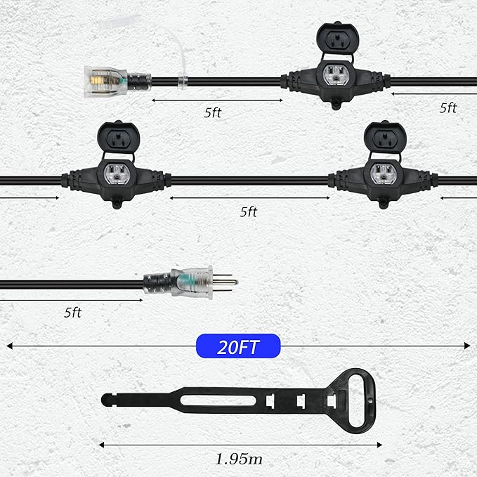 20FT 16 Gauge Multi-Outlet Extension Cord, 4 Evenly Spaced Weatherproof Outlets, Great for Stage Backdrops, Landscape Garden Lighting, Christmas Decorations ETL