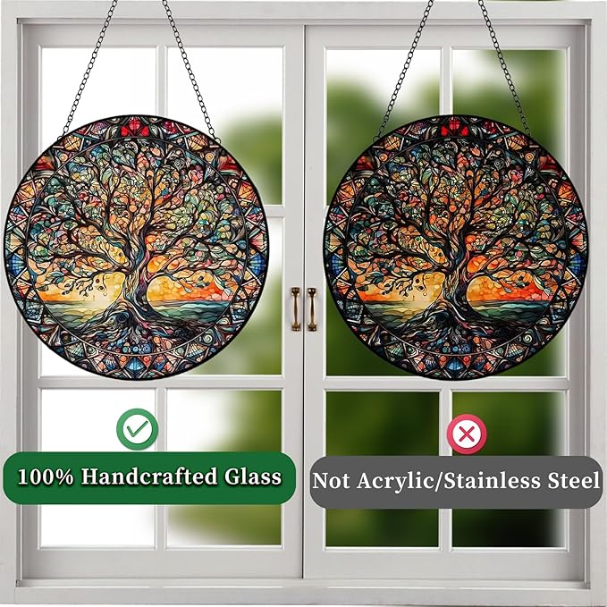 Tree of Life Suncatcher Indoor/Outdoor Stained Glass Window Hanging - Handmade Stained Glass Suncatchers for Windows Hanging - Decoration for Home Garden Christmas Party Wedding Housewarming Gifts