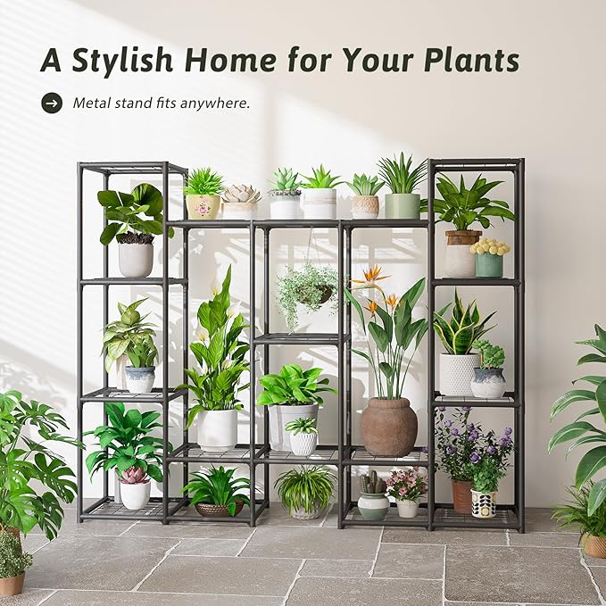 Large Plant Stand Indoor Outdoor Metal Plant Shelf Waterproof Plant Rack for Multiple Plants Wide Flower Stand for Patio Balcony Garden Black