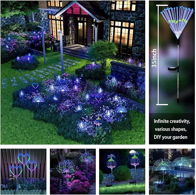 Upgrade Solar Garden Firework Lights Outdoor Decor Weatherproof 2 Pack with ROHS CE Certified,120 LED Solar Sparklers Fireworks SticksFairy Stake Lights,for Yard Pathway Flowerbed Decor (Colorful)