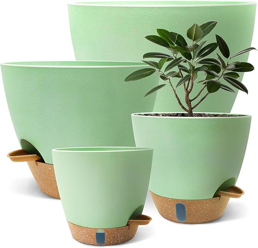 12/10/9/8 inch Self Watering Pots with Visual Water Window, Extra Large Self Watering Plant Pot with Drainage Holes and Saucers, Green Flower Pots for Indoor Plants