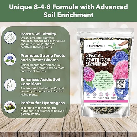 Slow Release Hydrangea Fertilizer with Iron & Sulfur – Indoor & Outdoor Soil Acidifier for Miracle Growth (4 qt)