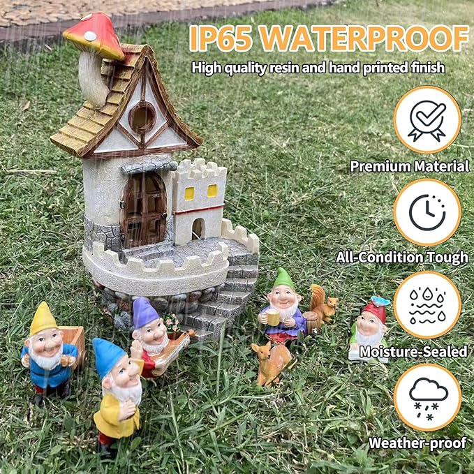 Fairy Tale Solar Castle Garden Decor Figurine Lights for Outside with Gnomes Set - Outdoor Statues Decorative Resin Sculpture with Solar Light, Decorations for Yard, Patio, Porch, or Lawn