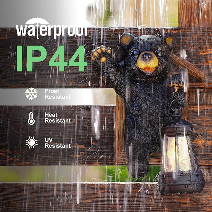 Black Bear Decor with Solar Lantern Tree Hugger - 7 Inch Bear Statue Outdoor Garden Yard Decor,Best Bear Garden Gifts for Mom,Women