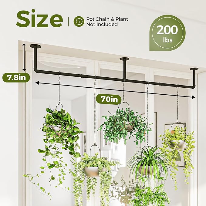 Bamworld Plant Hanger Indoor 70in Hanging Planters Rod Hanging Plant Holder for Window Plant Shelves Metal Rod，Pots Not Included