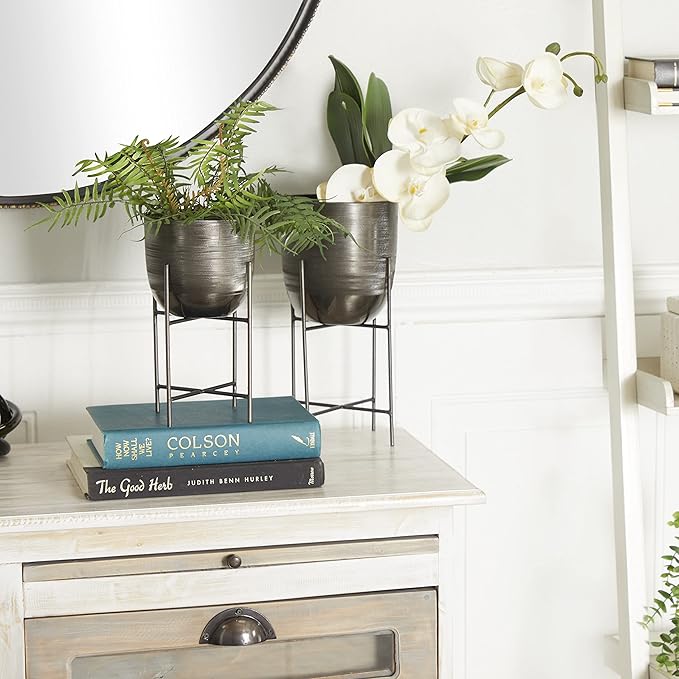 Deco 79 Metal Indoor Outdoor Planter Small Planter Pot with Removable Stand, Set of 2 Planters 12", 9"H, Gray