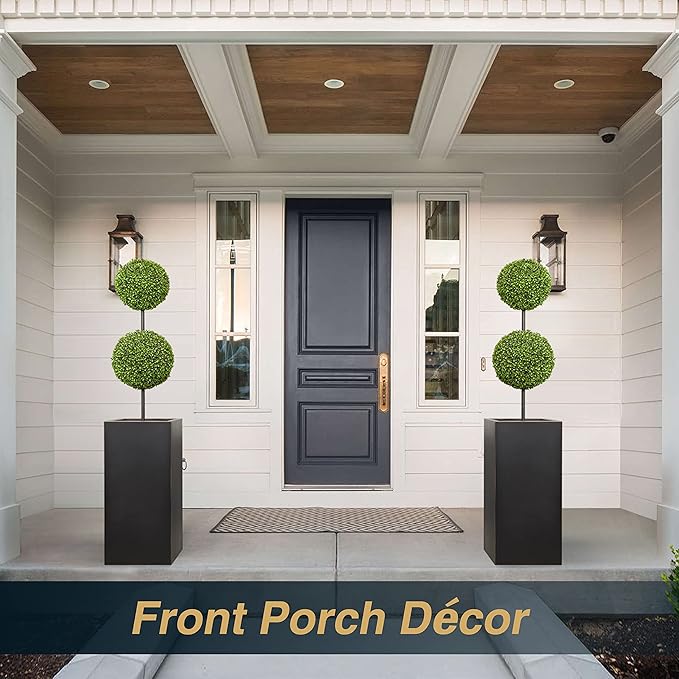 Metallic Heavy Planter for Outdoor Plants, 14Lx14Wx30H Inches, Tall Metal Planter Box with Hand Brushed Gold Edge for Outside & Indoor, 25 Pounds, No Assembly and Seamless, Set of 2 (Black)