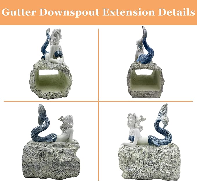 Mermaid Statue Garden Rain Downspout Diverter, Decorative Gutter Extension, Splash Block, Eco-Friendly Resin Downspout Extension,Perfect Rain Diverter for 3"x4" Downspouts (10.6 in)