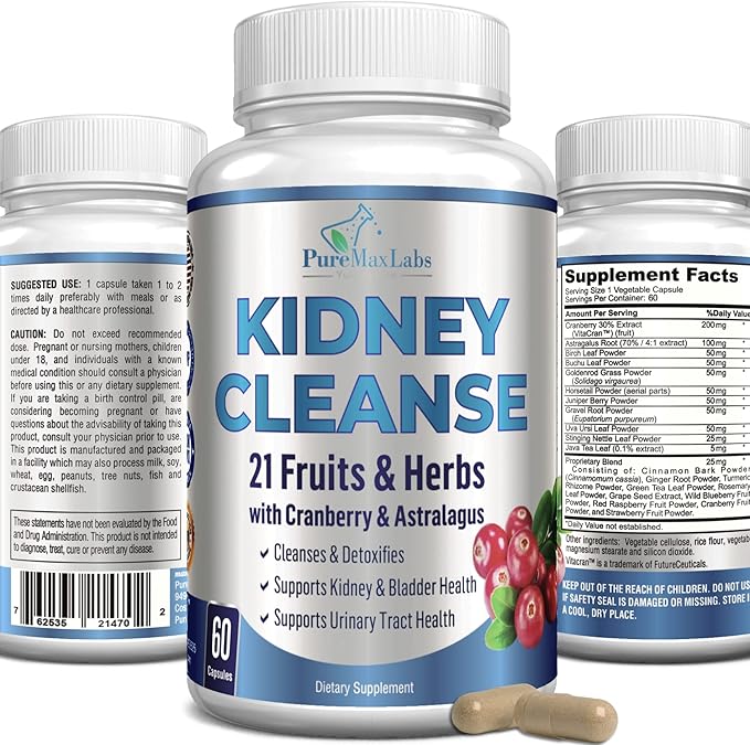 Herbal Kidney Cleanse with Cranberry Extract, Astralagus 21 Fruits 60 Vegan