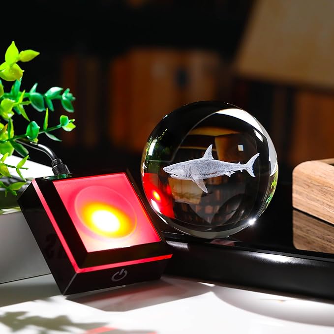 Shark Gifts for Women Men 3D Crystal Ball 3.14'' - Laser Shark Decor Glass Animals Figurines Statue Stuff for Room Night Light Shark Gifts for Mom