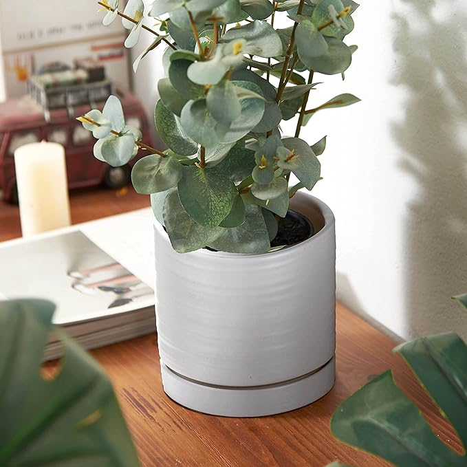 6 + 8 Inch Plant Pots, Ceramic Planter Pot with Drainage Hole & Saucer, Indoor/Outdoor Cylinder Round Planter Pot, Matte White